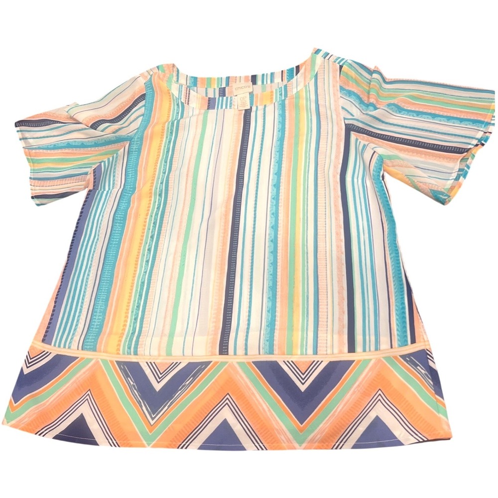 Chicos Womens Chevron Geometric Hem Striped Flutter Sleeve Blouse Multi-Color